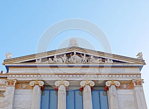 Ancient greek gods and deities on a pediment of the national academy, Athens Greece