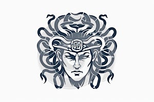 Ancient greek Gorgon Medusa, snake hair woman head logo symbol isolated on white background