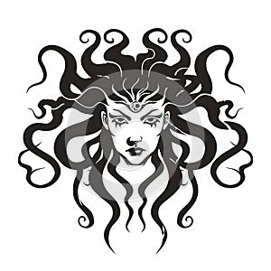 Ancient greek Gorgon Medusa, snake hair woman head logo symbol isolated on white background