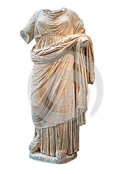Ancient greek headless statue of a woman dressed with typical cl