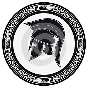 Ancient Greek Helmet with a Crest on the Shield on a White Background. Silhouette Spartan Helmet. Vector Roman Helmet