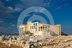 Ancient Greek History - statues of caryatids on the Parthenon on the hill of the Acropolis, Athens, Greece, Europe