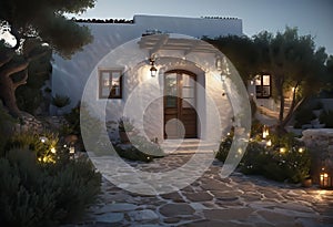 ancient Greek house with a white facade at night, with wide windows and a large garden, with an olive tree in the garden