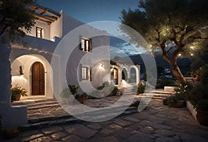 ancient Greek house with a white facade at night, with wide windows and a large garden, with an olive tree in the garden