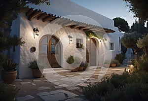 ancient Greek house with a white facade at night, with wide windows and a large garden, with an olive tree in the garden