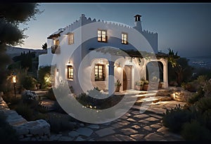 ancient Greek house with a white facade at night, with wide windows and a large garden, with an olive tree in the garden