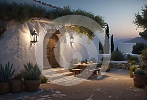 ancient Greek house with a white facade at night, with wide windows and a large garden, with an olive tree in the garden
