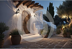 ancient Greek house with a white facade at night, with wide windows and a large garden, with an olive tree in the garden