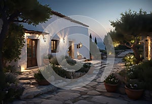 ancient Greek house with a white facade at night, with wide windows and a large garden, with an olive tree in the garden