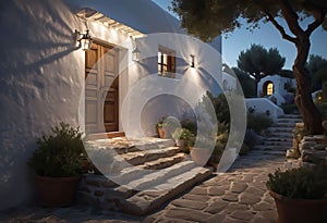 ancient Greek house with a white facade at night, with wide windows and a large garden, with an olive tree in the garden