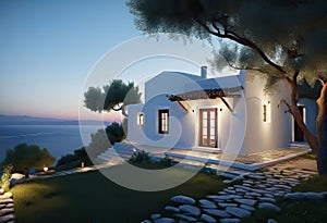 ancient Greek house with a white facade at night, with wide windows and a large garden, with an olive tree in the garden