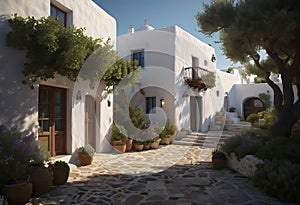 ancient Greek house with a white facade at night, with wide windows and a large garden, with an olive tree in the garden