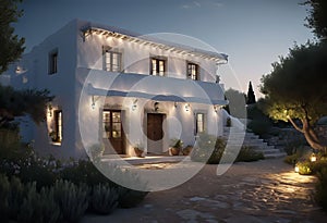 ancient Greek house with a white facade at night, with wide windows and a large garden, with an olive tree in the garden