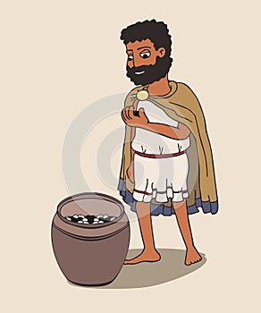 Ancient greek man going to vote with pebble