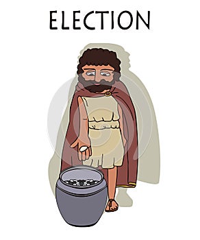 Ancient greek man voting by placing pebbles in urn