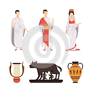 Ancient Greek Man and Woman with Harp, Vase and Capitoline Wolf Sculpture Vector Set