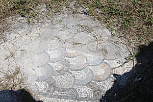 Ancient Greek mosaic. Kos Island\'s landmark. Close to the Asclepeion and Ancient Gymnasion, Greece.