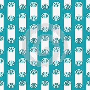 Ancient Greek motif cylinder spiral vector seamless pattern background. Blue white backdrop with abstract spiralling