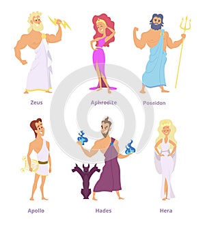 Ancient greek mythology. The gods and goddesses of olympus. Cartoon funny characters