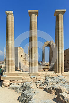 Ancient greek pillars at top of Lindos Acropolis