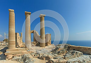 Ancient greek pillars at top of Lindos Acropolis