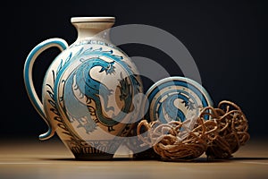 Ancient Greek pottery featuring mythical hippocamp photo