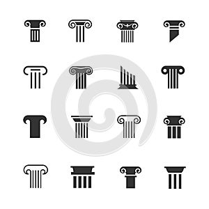 Ancient greek and roman column icons. Architectural pillar vector black white signs