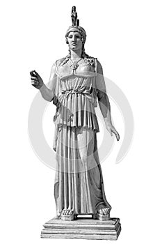 Ancient Greek Roman statue of goddess Athena god of wisdom and the arts historical sculpture isolated on white. Marble