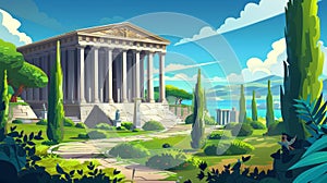 An ancient Greek or Roman temple building with columns and pediments, in the summer. Modern cartoon illustration with