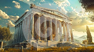 Ancient Greek or Roman temple, great columns on blue sky background, scenery of old in summer. Concept of history, Greece,