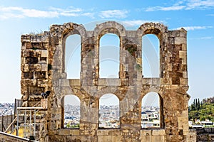 Ancient Greek ruins in Athens, Greece, Europe. Odeon of Herodes Atticus overlooking city