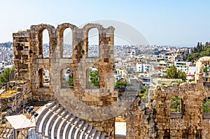 Ancient Greek ruins in Athens, Greece, Europe. Odeon of Herodes Atticus overlooking city