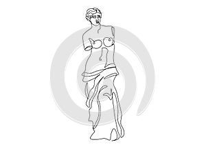 Ancient greek sculpture line art. Mythology Venus de Milo statue hand drawn continuous line, Aphrodite goddess. Vector