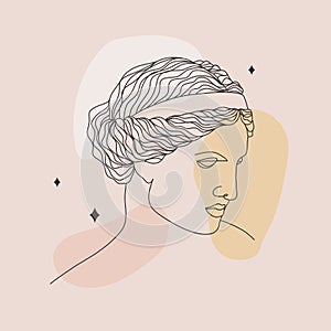 Ancient greek sculpture. Linear head of Aphrodite. Goddess antique statue. Trendy vector illustration in one line