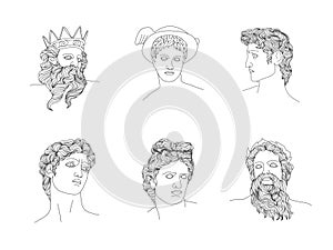 Ancient greek sculpture. Set of linear gods antique statues. Trendy vector illustration in one line drawing style. Hand