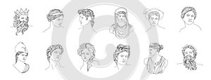 Ancient greek sculpture. Set of linear gods and goddesses. Trendy vector antique statues in one line drawing style. Hand