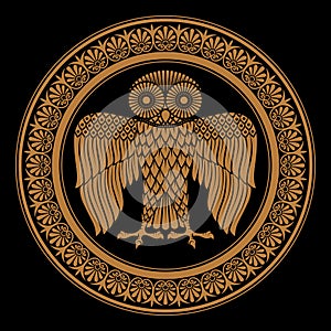 Ancient Greek shield with the image of an Owl and classical Greek floral ornament, vintage illustration