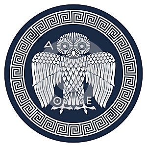 Ancient Greek shield with the image of an Owl and classical Greek meander ornament, vintage illustration