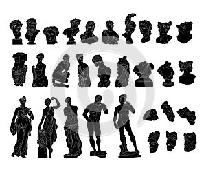 Ancient Greek solid black color sculptures of gods, goddess and heros, vector silhouettes antique statues of men and