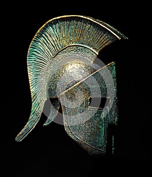 Ancient Greek Sparta Style Helmet Black Background photo