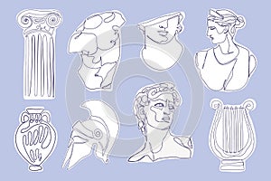 Ancient greek statues. Hand drawn one line antique sculptures, mythology characters knight amphora column. Vector art