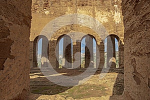 Ancient Greek Temple of Concordia in the Valley of the Temples of Agrigento, seen from inside in architectural details.
