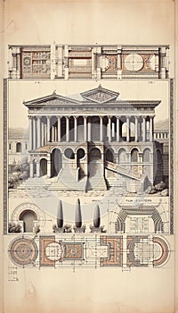 Ancient Greek temple drawing original illustration art on a vintage background photo