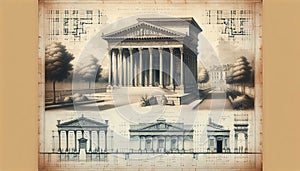 Ancient Greek temple drawing original illustration art on a vintage background photo