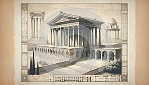 Ancient Greek temple drawing original illustration art on a vintage background photo