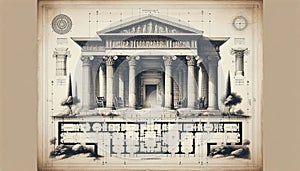 Ancient Greek temple drawing original illustration art on a vintage background photo
