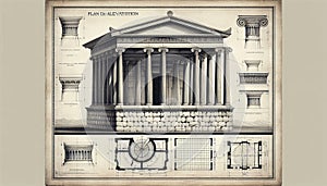 Ancient Greek temple drawing original illustration art on a vintage background photo