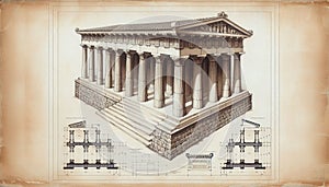 Ancient Greek temple drawing original illustration art on a vintage background photo