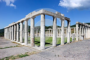 Ancient greek temple of Hercules with columns in ancient city of Messini, Peloponnese, Greece