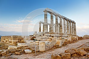 The Ancient Greek temple of Poseidon at Cape Sounion, one of the major monuments of the Golden Age of Athens